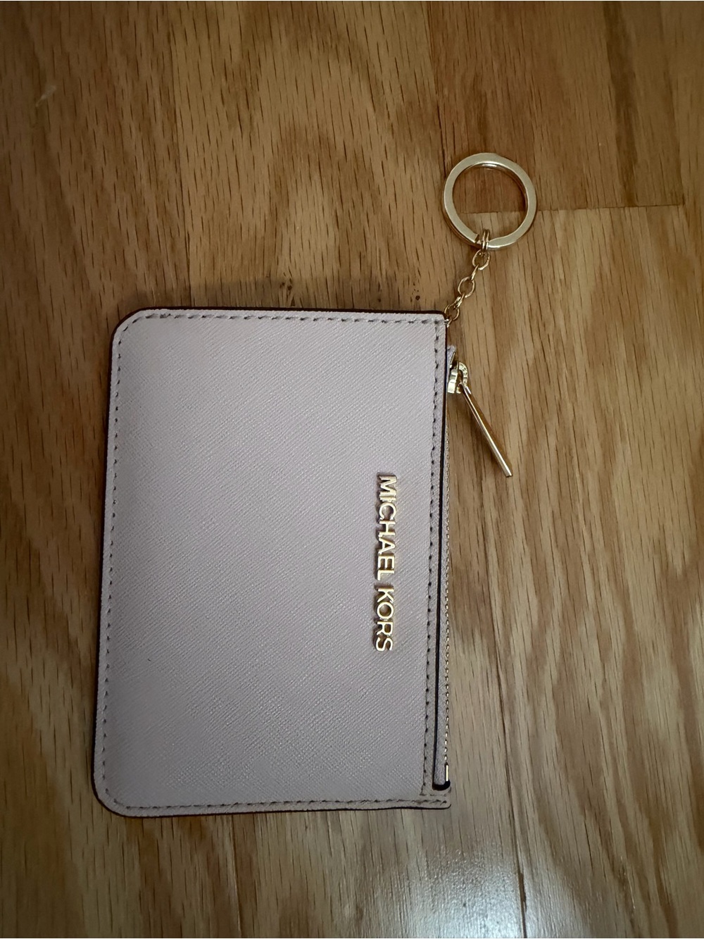 Michael Kors Blush Pink Leather Zip Card Case with Gold Keyring